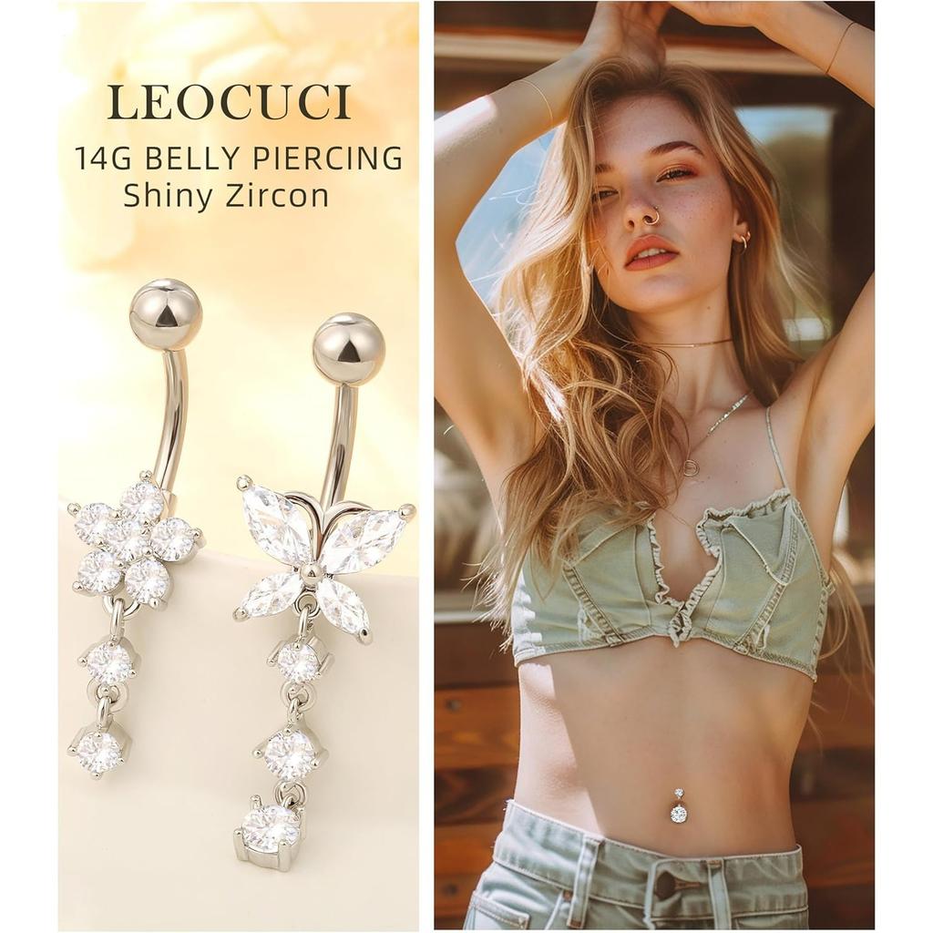 Surgical Stainless Steel Dangle Belly Button Rings for Women Belly Ring Dangling Piercing Jewelry with Heart Flower Butterfly Silver Gold Tone