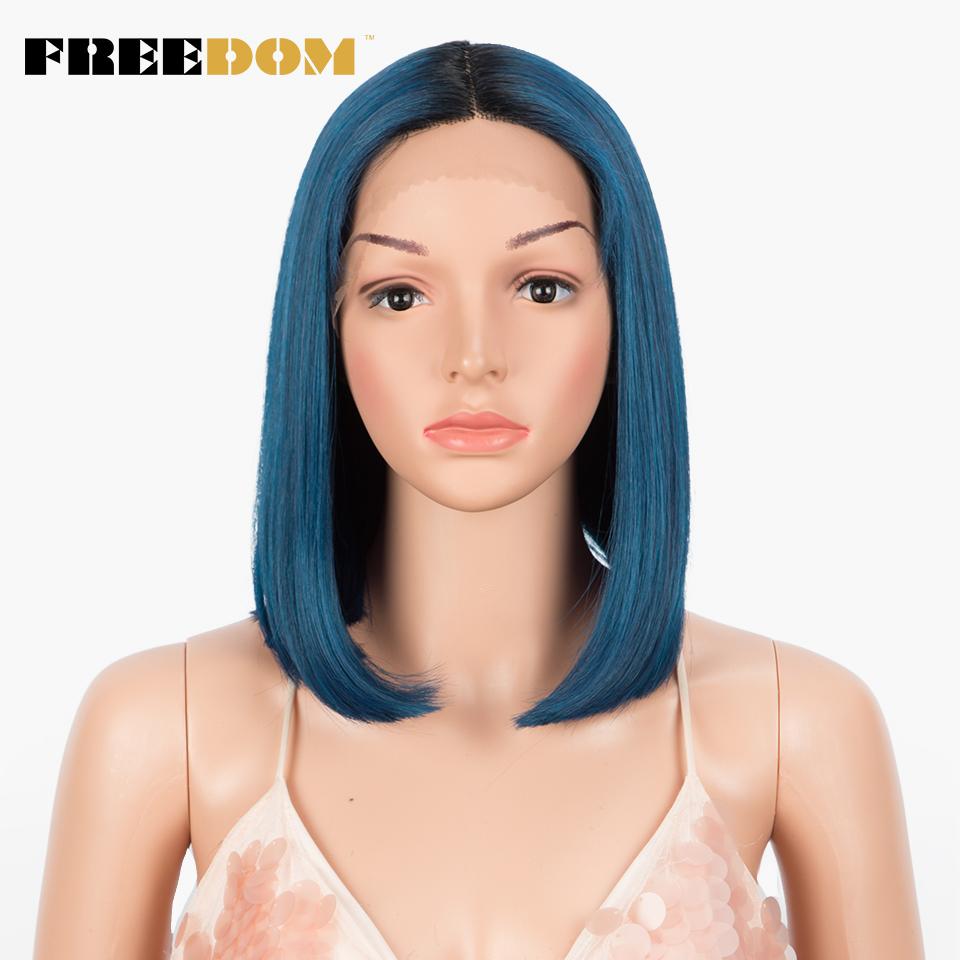 FREEDOM Synthetic Lace Wigs Straight Short Bob Ombre Blonde Blue Lace Wig Middle Part Lace Wigs For Black Women Cosplay Wigs