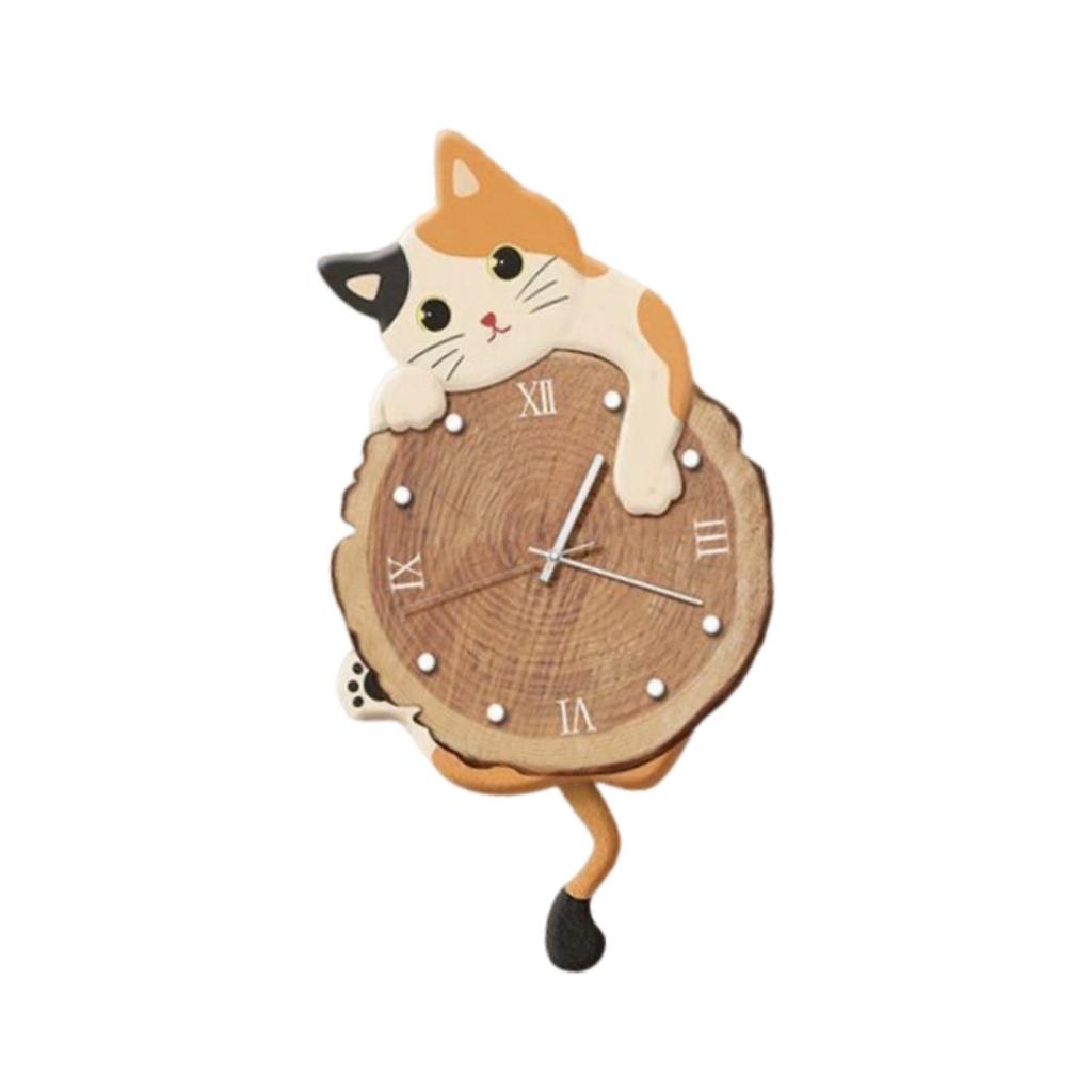 Cat Wall Clock Modern Animal Non Ticking Cute Analog Wall Clock with Swinging Tail Silent for Kids Room Indoor Housewarming Gift