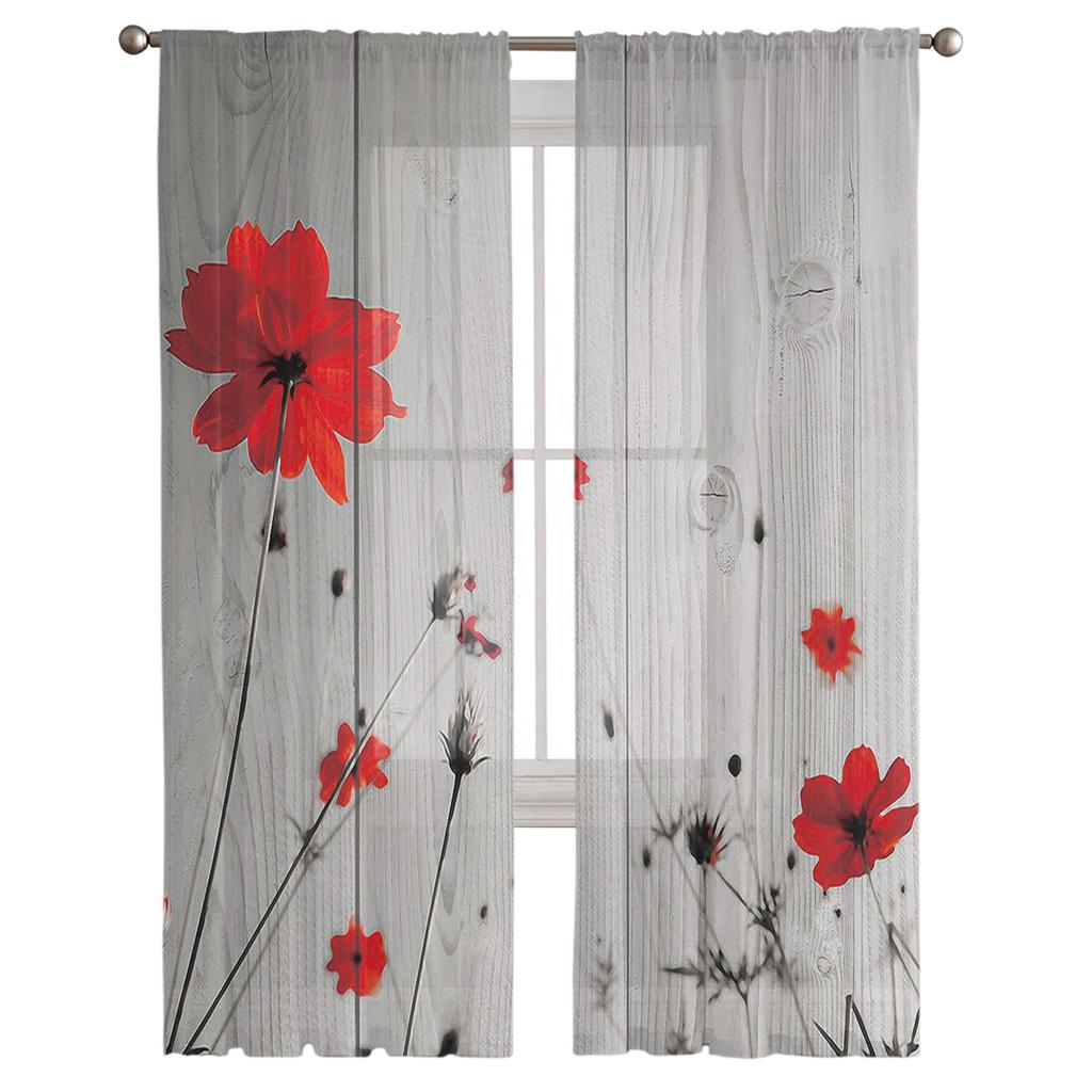 Mládež Ložnice Průsvitné závěsy Retro zrnitost dřeva Červené vlčí máky Kuchyňské Závěsy Záclony Obývací pokoj Sváteční výzdoba Tylové závěsy