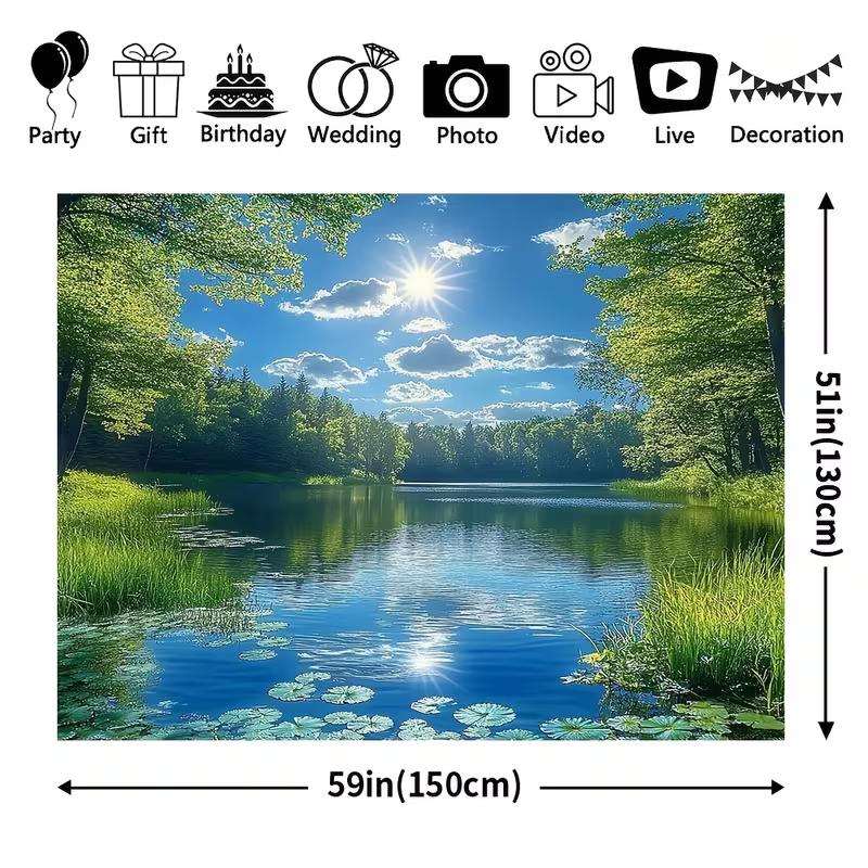 2D Flat Printing Summer Lake Tapestry, Featuring a Sunlit Forest Lake with Lily Pads and Tree Reflections