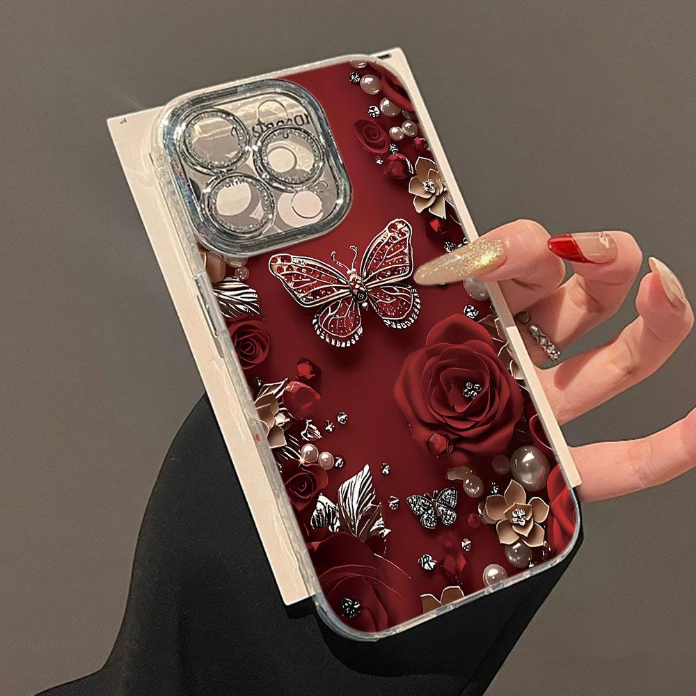 Beautiful Butterfly Flower Glacier Texture Case For iPhone 17 Air 16 15 14 13 12 11 Pro Max Plus With Glass Lens Protector Cover