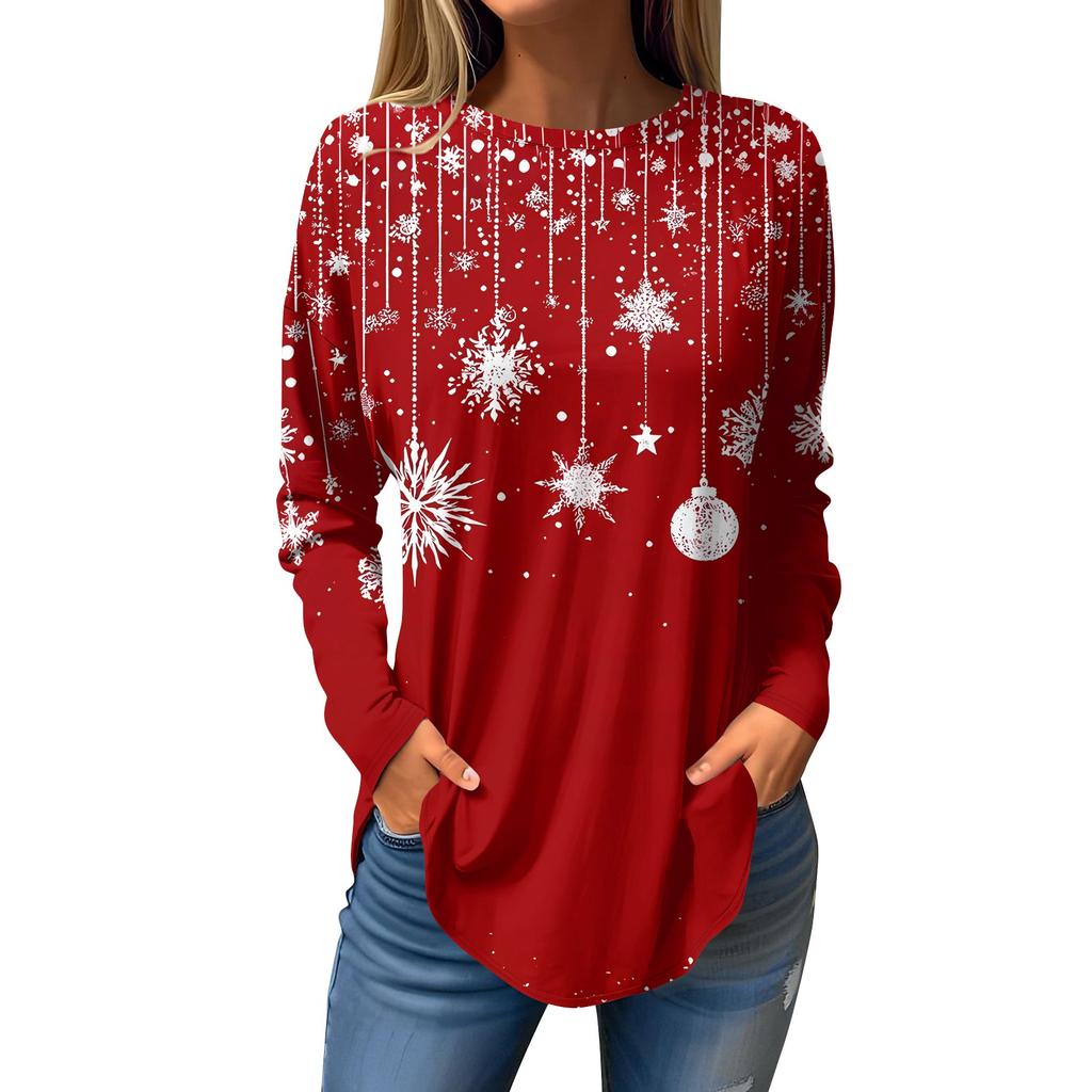 Women's Loose Round Neck Christmas Print Long Sleeve T-Shirt Top Pullover