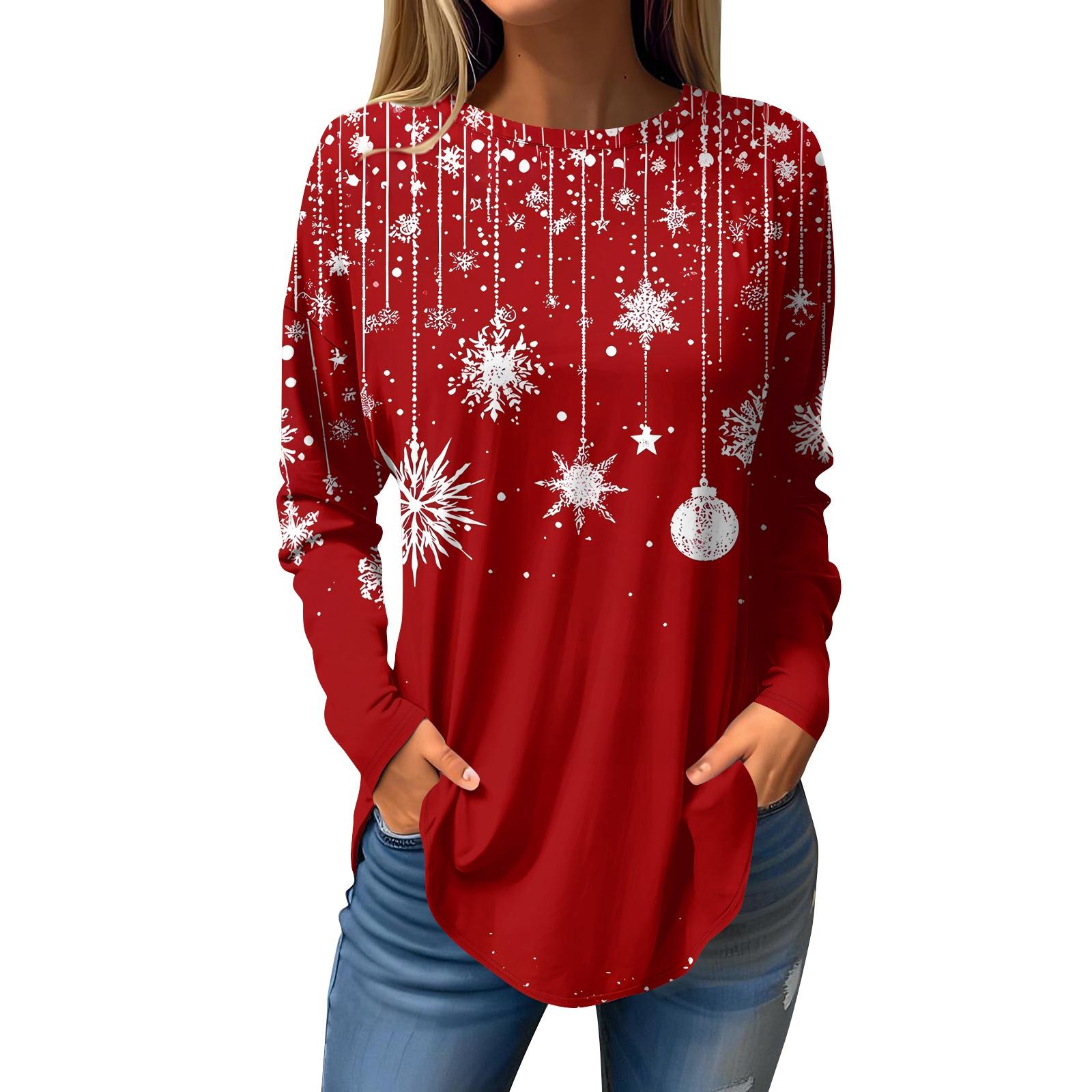 

Женская свободная футболка с круглым вырезом и рождественским принтом, длинный рукав, пуловер XL киноварь