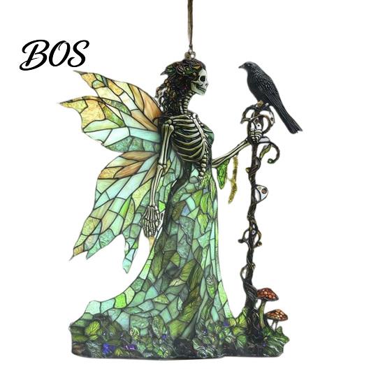 Exquisite Room Ornaments Stained Glass Style Skeleton Fairy Window Hanging Suncatcher, Acrylic Decorative Ornament with Butterfly Wings Elegant Party