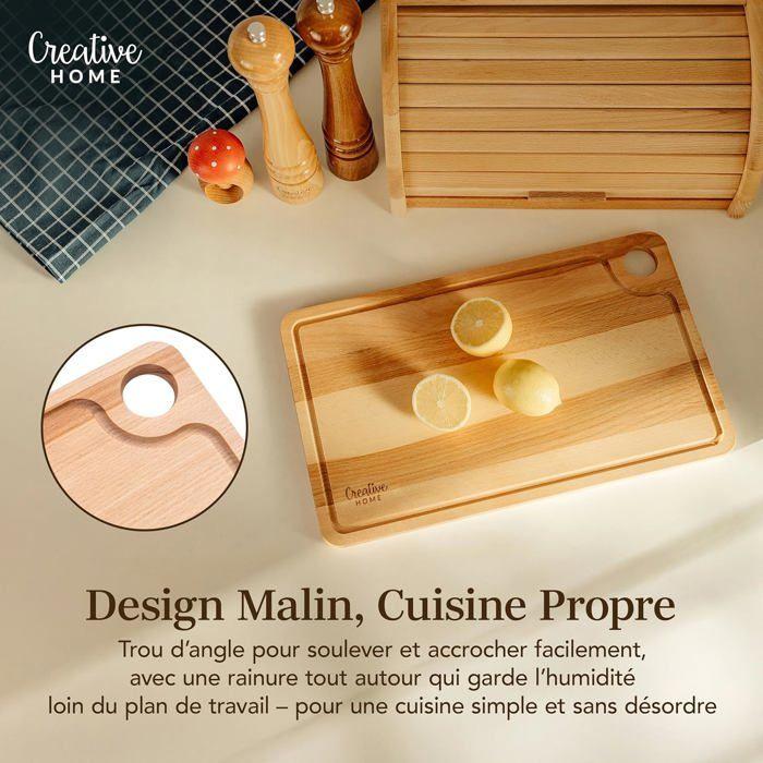 Planche à découper - CREHOM - 42x24,5cm - Bois de hêtre naturel - Double face - Rainure pour le jus