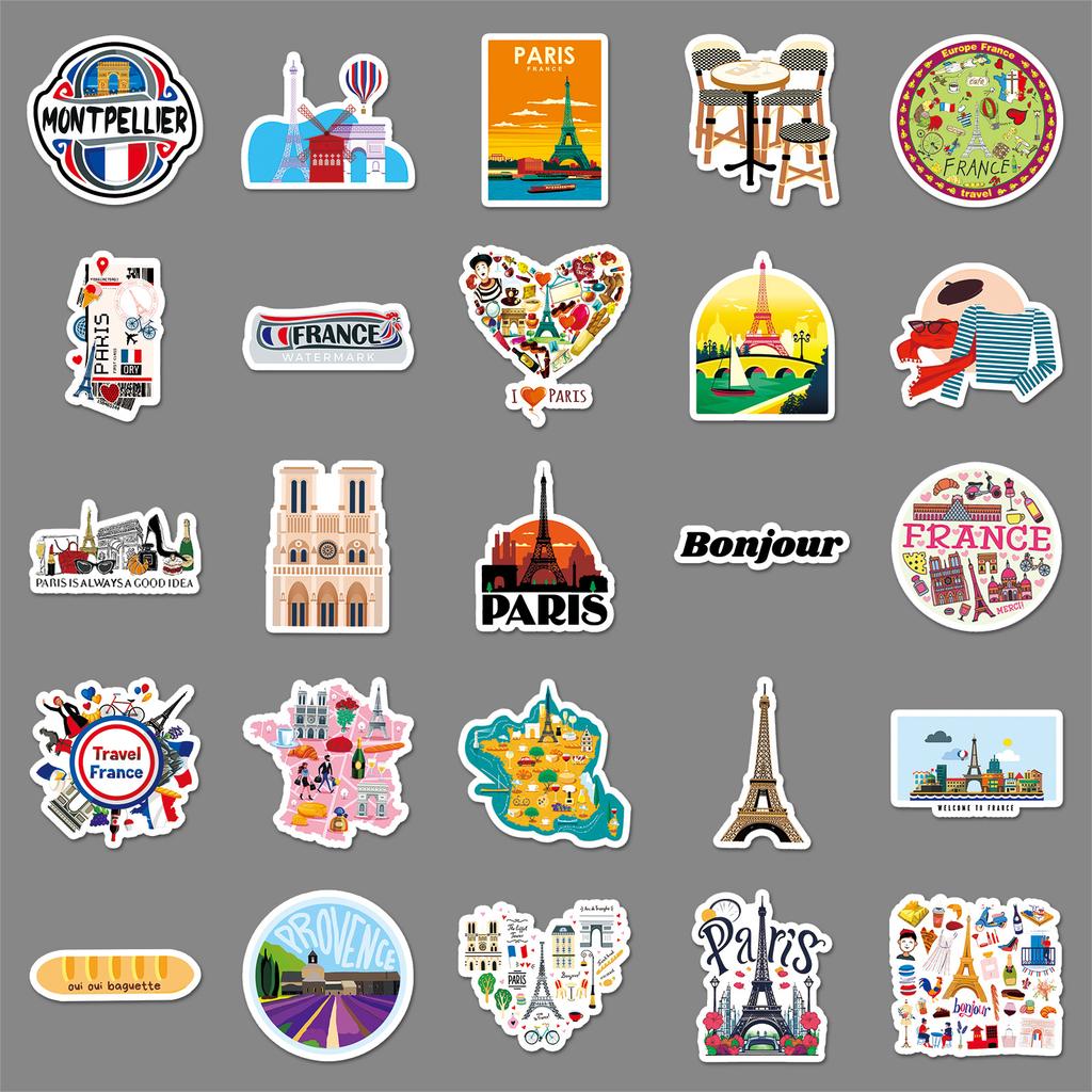 50 French French Personality Cartoon Outdoor Travel Landscape Landmark Decorative Water Cup Suitcase Stickers