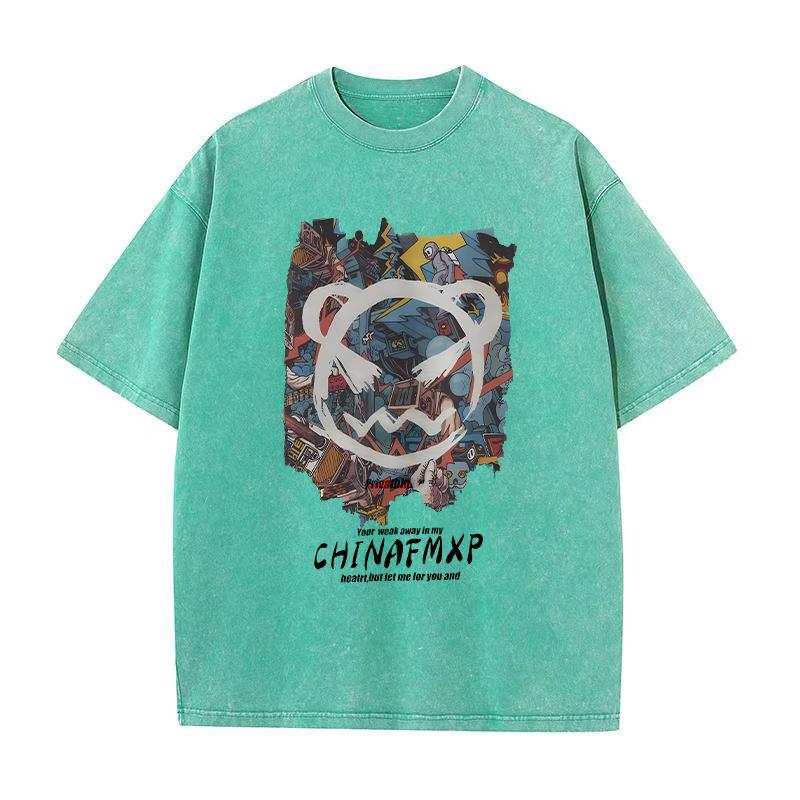 Hip hop washed and worn round neck short sleeve T-shirt fried snowflake retro loose drop shoulder hipster