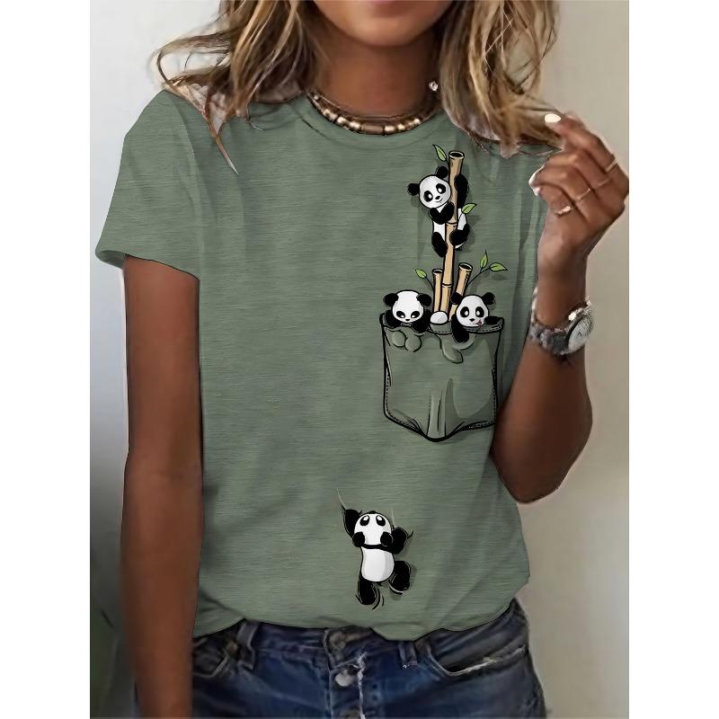 Panda Print Crew Neck T-Shirt, Casual Short Sleeve Top for Spring & Summer, Women's Clothing