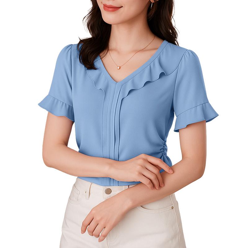 

ZANZEA Женская повседневная блузка с оборками, V-образным вырезом, летняя, с коротким рукавом L синий