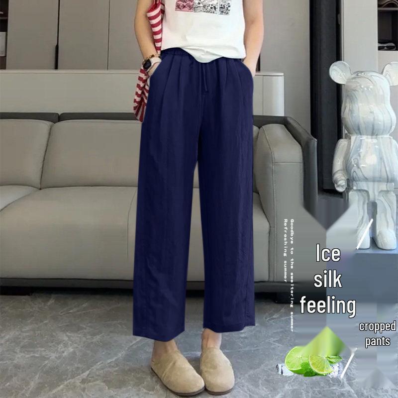 High-Waisted Cropped Ice Silk Trousers for Women - Summer Straight-Leg Sun Protection Pants 2026