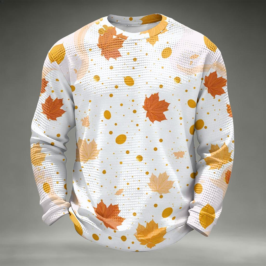 Men's Casual Knit Long Sleeve Neck T-Shirt with Fall Leaf Print