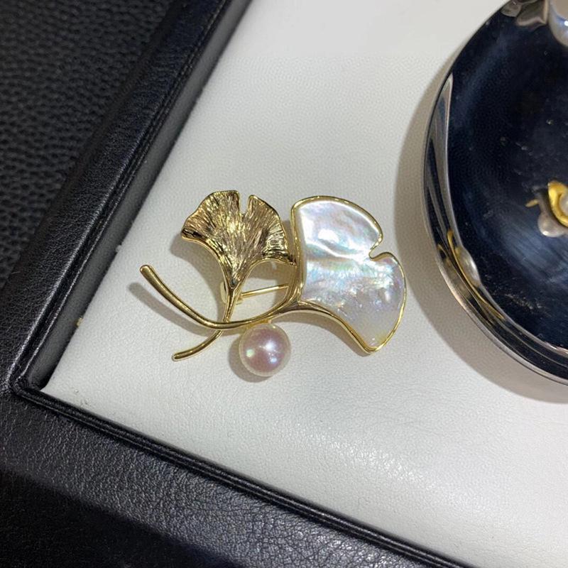 Elegant Gold-Plated Ginkgo Leaf & Natural Shell Brooch