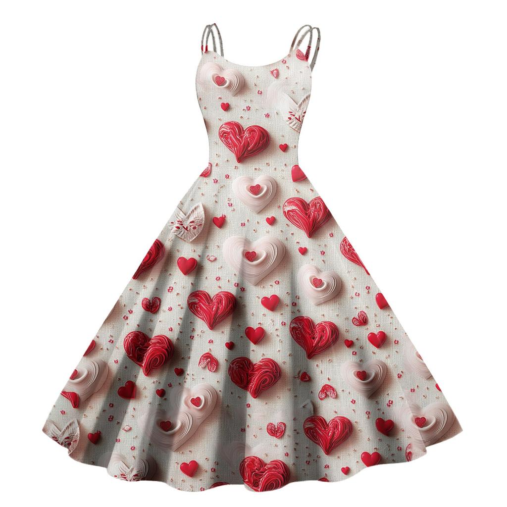 Damen-Kleid mit Valentinstag-Liebesherz-Print, sexy, schulterfrei, Vintage-Kleid