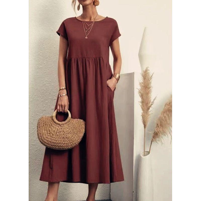 Solid Color Loose Dress with Pockets Pure Color Ribbon Pocket Loose Dress