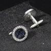 2 Stück / Set Neues High-End Mode Herren Hemd Kristall Manschettenknöpfe Luxus Design Silbern Rund Blaue Strasssteine Manschettenknöpfe