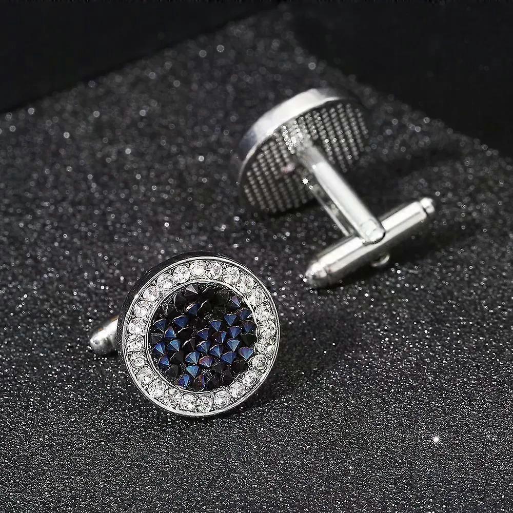 2 Stück / Set Neues High-End Mode Herren Hemd Kristall Manschettenknöpfe Luxus Design Silbern Rund Blaue Strasssteine Manschettenknöpfe