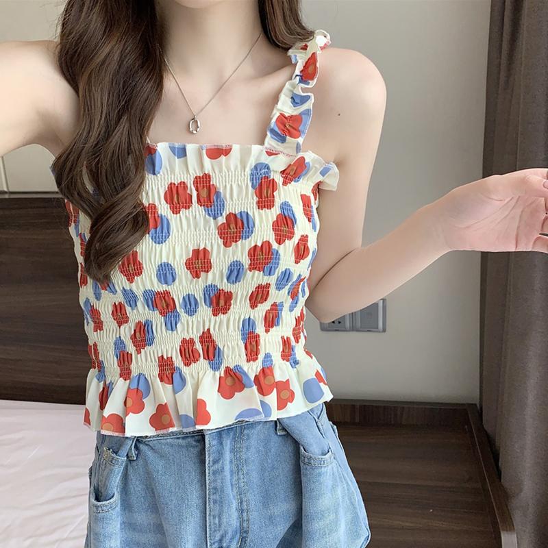 

Sweet Floral Print Slim Pleated Camisole Women Cute Square Collar Sleeveless Tube Top Summer Casual Versatile Crop Top