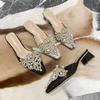New Thick Heel Baotou Slippers with Pearl Decoration for Women's Head, Middle Heel, Soft Bottom, Half Tow, Outerwear Cool