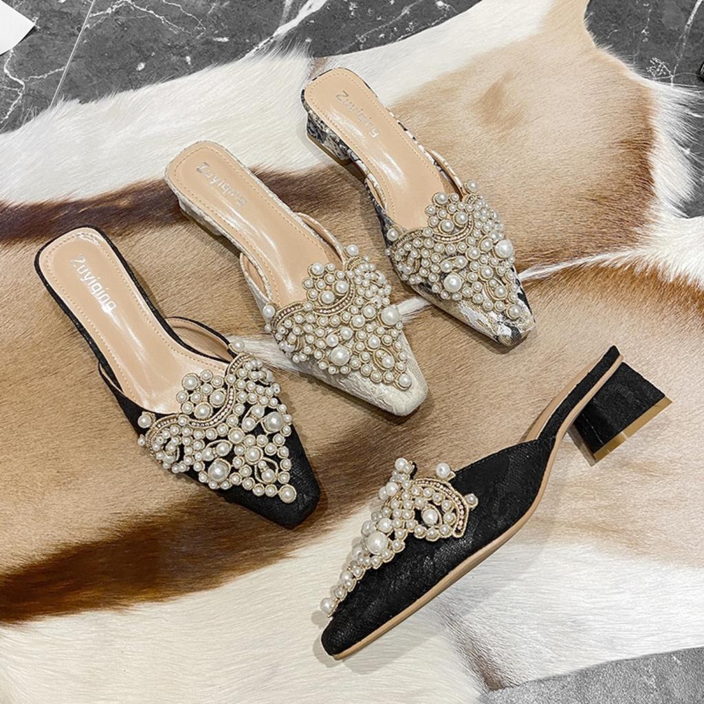 New Thick Heel Baotou Slippers with Pearl Decoration for Women's Head, Middle Heel, Soft Bottom, Half Tow, Outerwear Cool