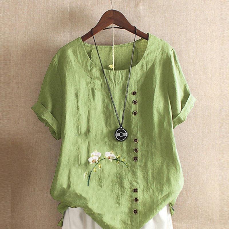 Damenmode Blumendruck Rundhals Kurzarm T-Shirt Lässiges Baumwollleinen Grafikhemd Freizeit Lose Sommer Bluse Tops