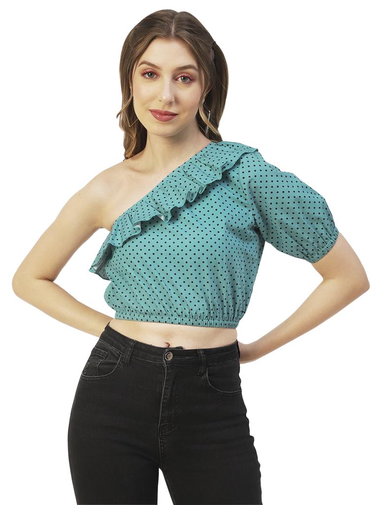 Moomaya Women  S Printed Crop Top, One Shoulder Cotton Casual Summer Top