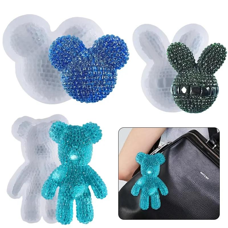 Top Quality DIY Crystal Epoxy Resin Mold Diamond Bear Keychain Backpack Buckle Semi-dimensional Silicone Mold for Crafting