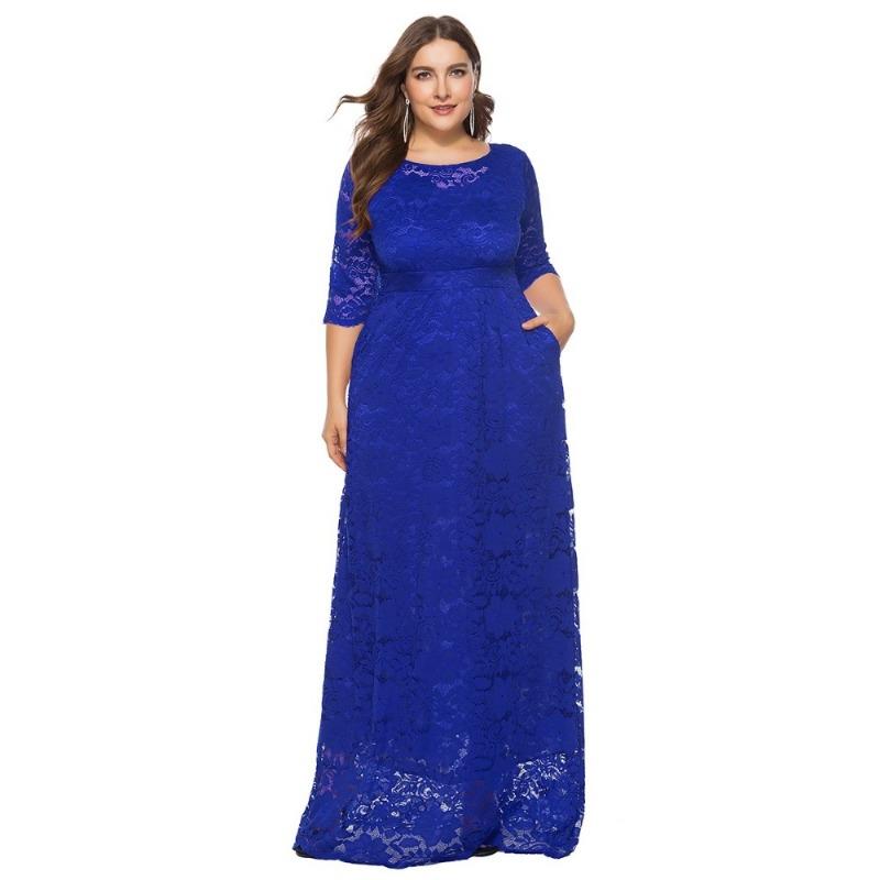 Trendig Plus Size Spetsad Kvällsklänning med Fickor och Urskurna Korta Ärmar