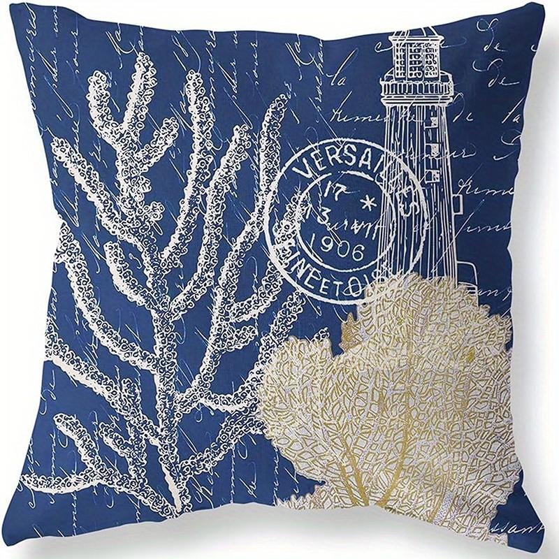 Navy Sea Elements Anchor Wheel Lighthouse Pattern Cushion Cover Suitable For Sofa Bedroom Car Pillow Cover