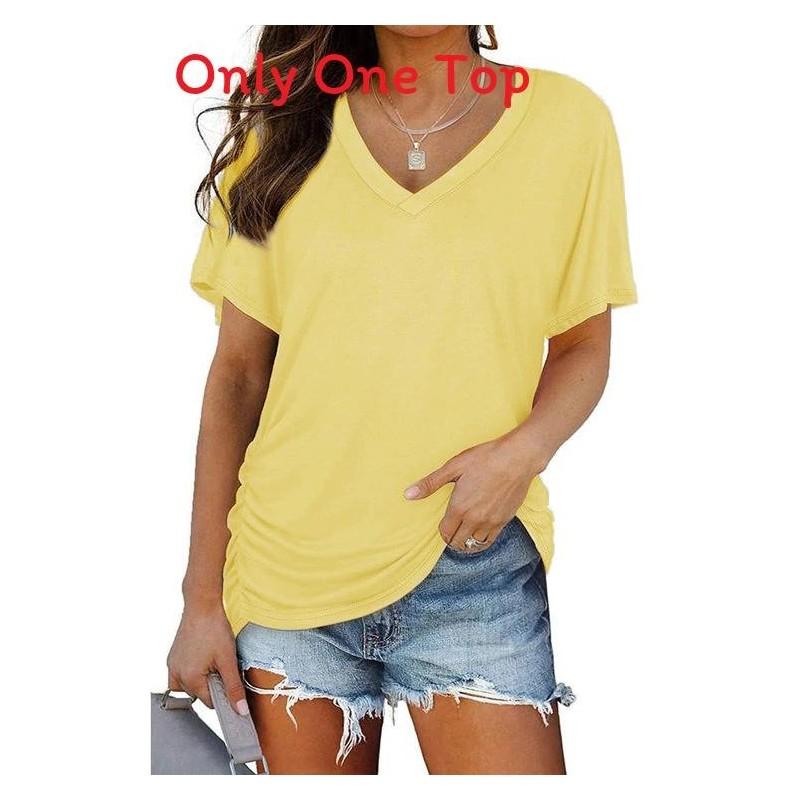 T-shirt da donna a maniche corte con scollo a V e tessuto in poliestere per un look casual estivo