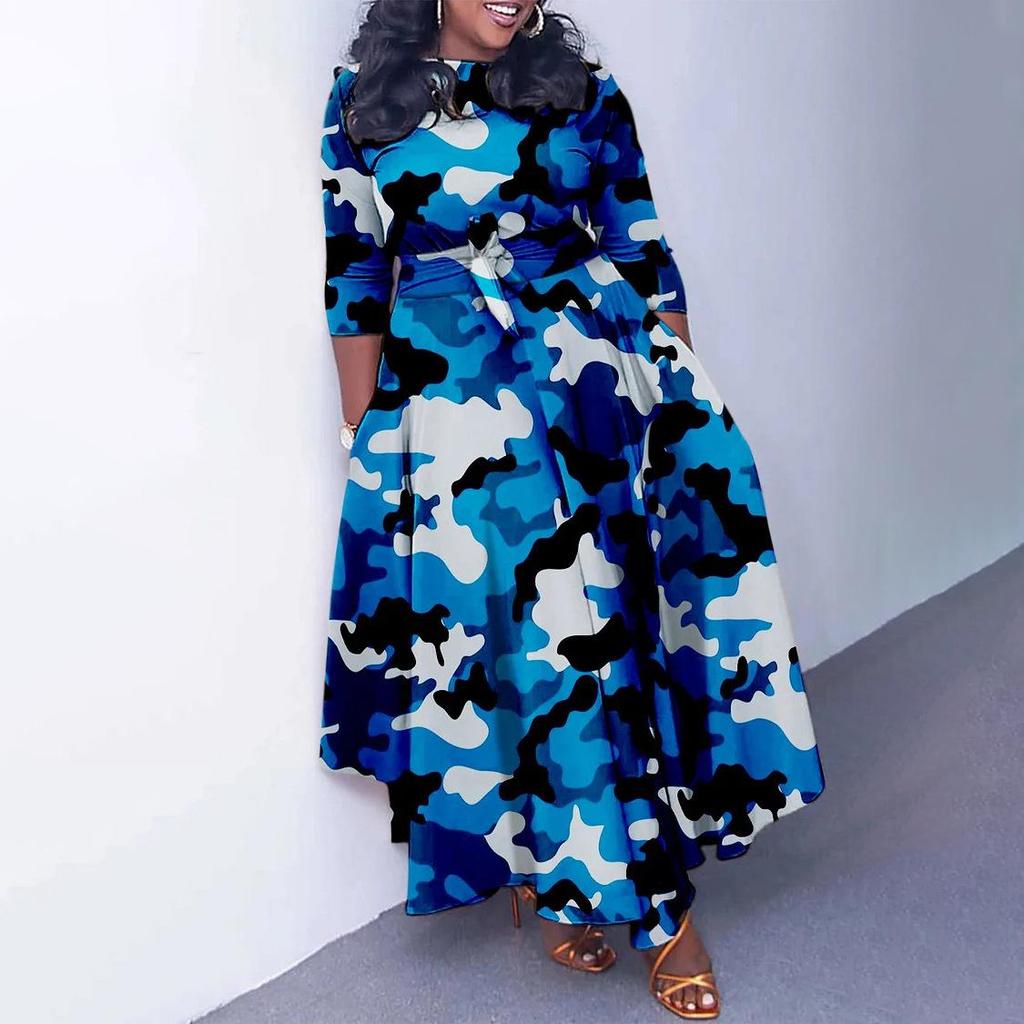 Women's 2024 Spring Lace-up Print African Plus Size Midi Dress