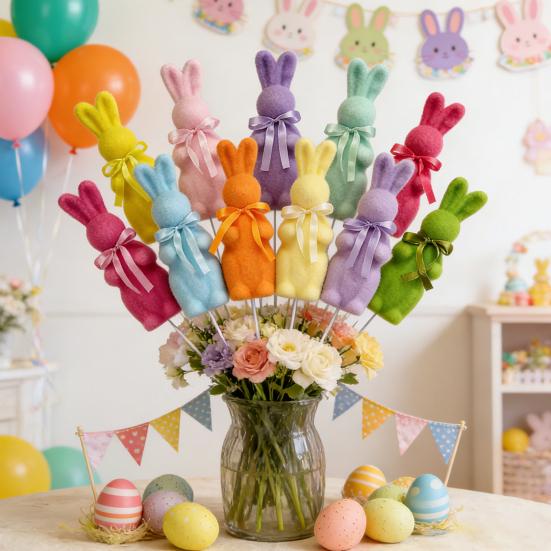 Easter Flocked Bunny Figurine Small Foam Rabbit with Bow Tie Spring Bunny Stake for Outdoor Indoor Yard Lawn Planter Pot Decor
