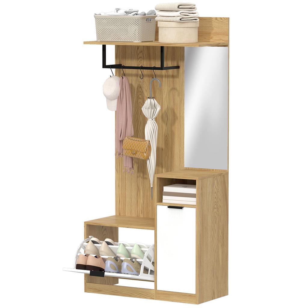 6-in-1 Entryway Coat Rack with Fold-Down Shoe Bench and Mirror, 80x36x168cm, Oak