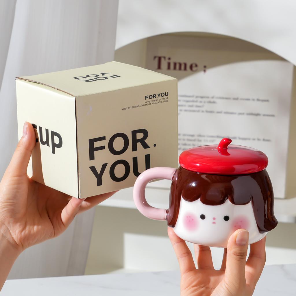 Cute Girl Ceramic Cup High Looking Mug Birthday Gift Souvenir Creative Cup with Lid Coffee Cup