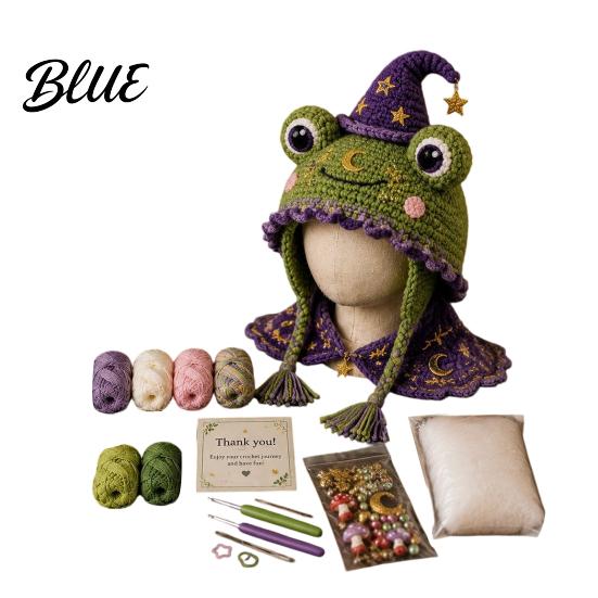 Halloween Kostüm DIY Projekt Tierhut Häkelset Fantasy Kapuze Niedliche Bastelgeschenke für Erwachsene Einhorn Fuchs Frosch Ohrenklappe Bastelset Teens Stricken Frog