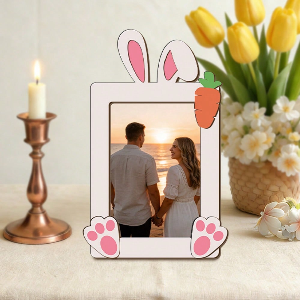 Bunny Picture Frame with Stand Wooden Decorative Tabletop Photo Postcard Display Picture Frame Gifts Home Office Table Tabletop