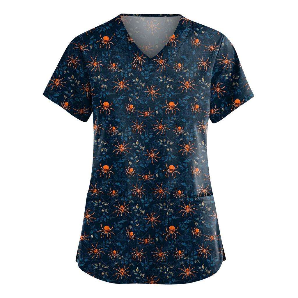 Tuta da donna alla moda con scollo a V, manica corta, con tasche, top stampati per Halloween, abbigliamento