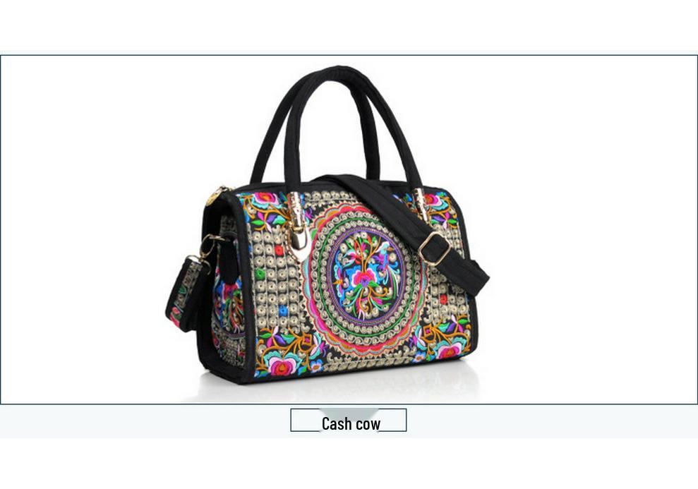 Ethnic Embroidered Drum-Shape Tote & Crossbody Canvas Bag