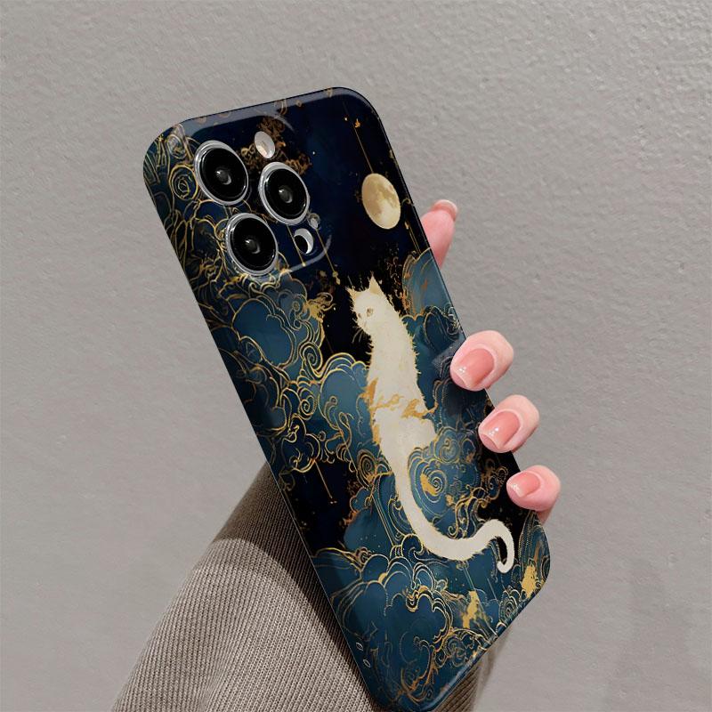 Luxury Moon Cat Glossy Film Hard PC Phone Case for Oppo A6 A5 A78 A3 A3X A60 A74 A38 A58 A96 A57 A76 A36 A17 A16e A55 Pro 4G 5G