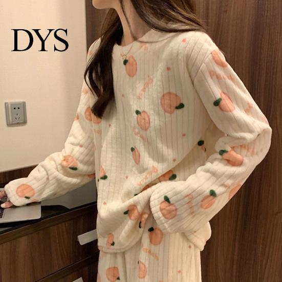 Lady Loungewear 2 Pcs/Set Women Winter Pajamas Set Round Neck Cartoon Bear And Peach Pattern Cozy Long Sleeve Coral Fleece Homewear Top Pants