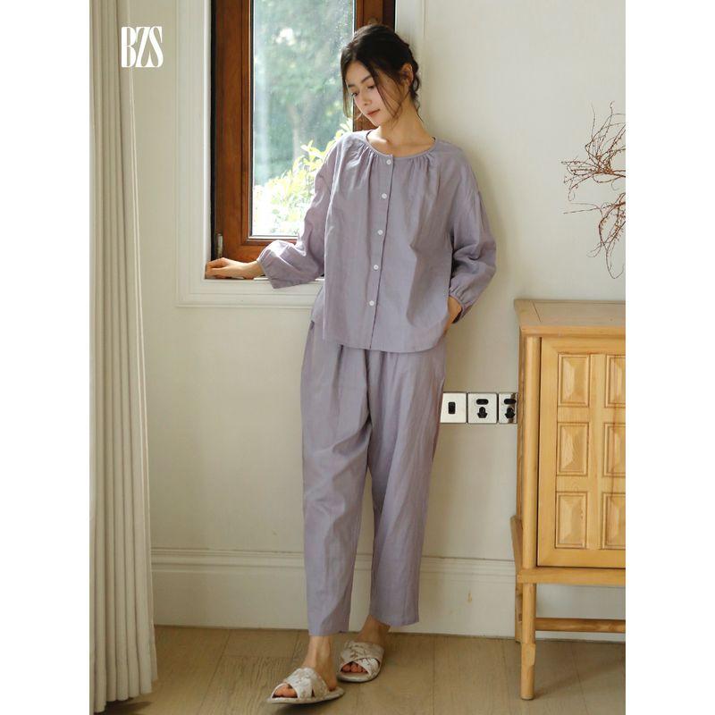 2024 Autumn Homewear Loose-Fitting Solid Color Long Sleeves Pants Outwear Cotton Double-Layer Yarn National Style Retro Plain Pajamas