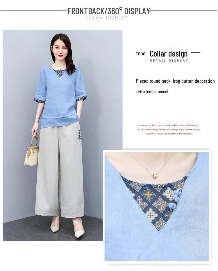 Summer 2025 Women's Retro Chinese Style Linen Top and Wide-Leg Pants Set