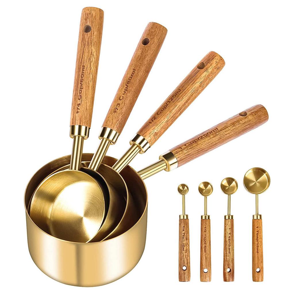 8-Piece Rose Gold Stainless Steel Measuring Cups & Spoons with Engraved Wooden Handles for Baking