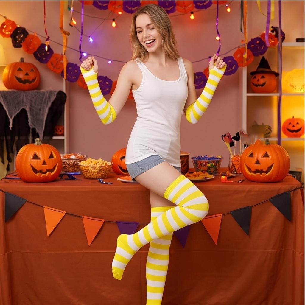 Halloween Kleurrijke Gestreepte Over-de-Knie Sokken en Bijpassende Handschoenen Set voor Feest