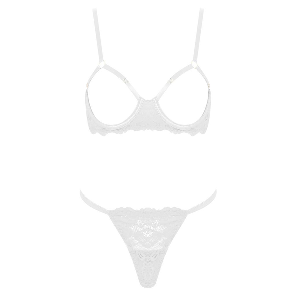 Womens Floral Lace Bra Set Opening Cup Underwire Push Up Top T Back Thong Panties Honeymoon Lingerie