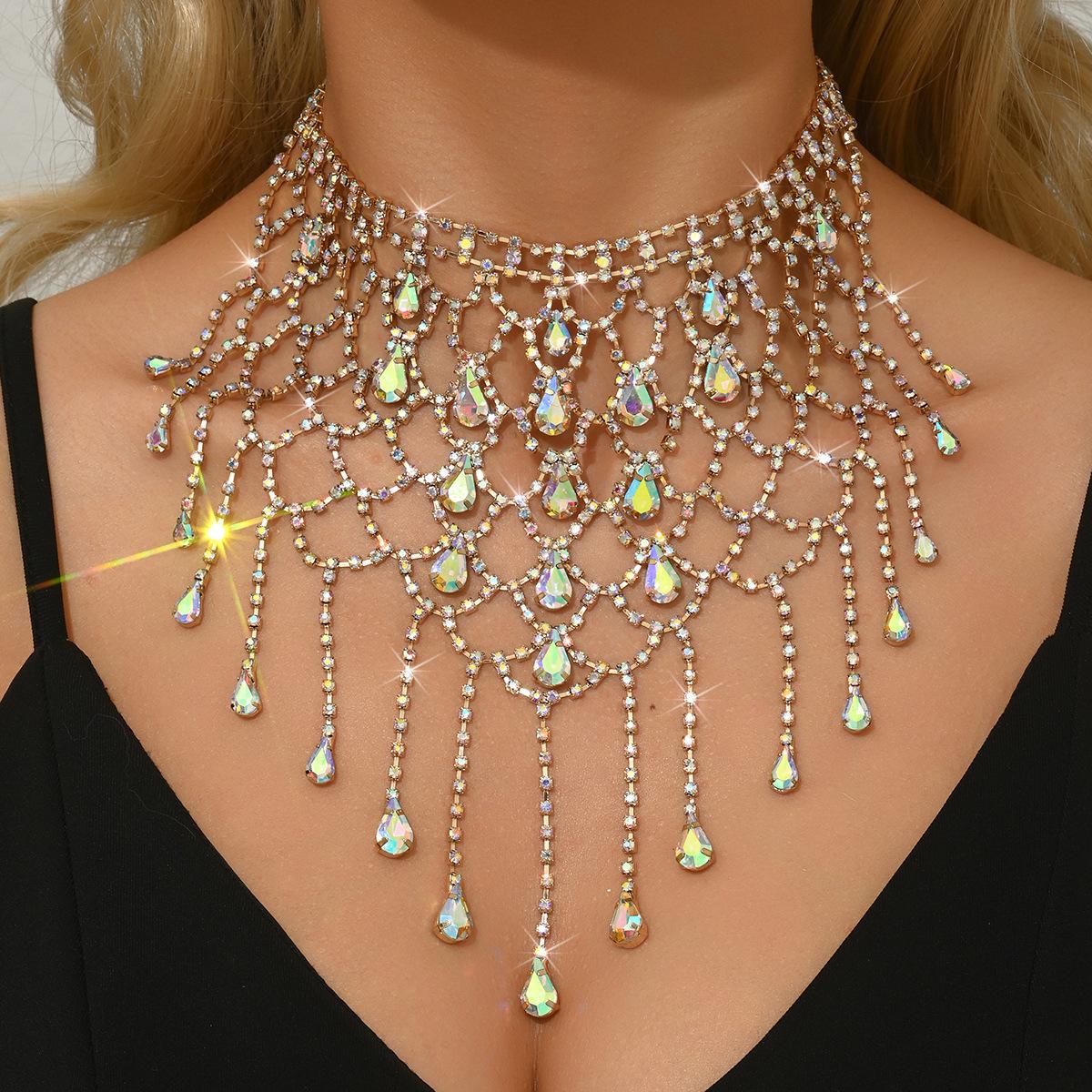 

Wind Heavy Industry Exaggerated Mesh Flash Diamond Fringed Necklace Light Luxury Temperament Celebrity Style Dinner Neck Chain Collarbone Chain