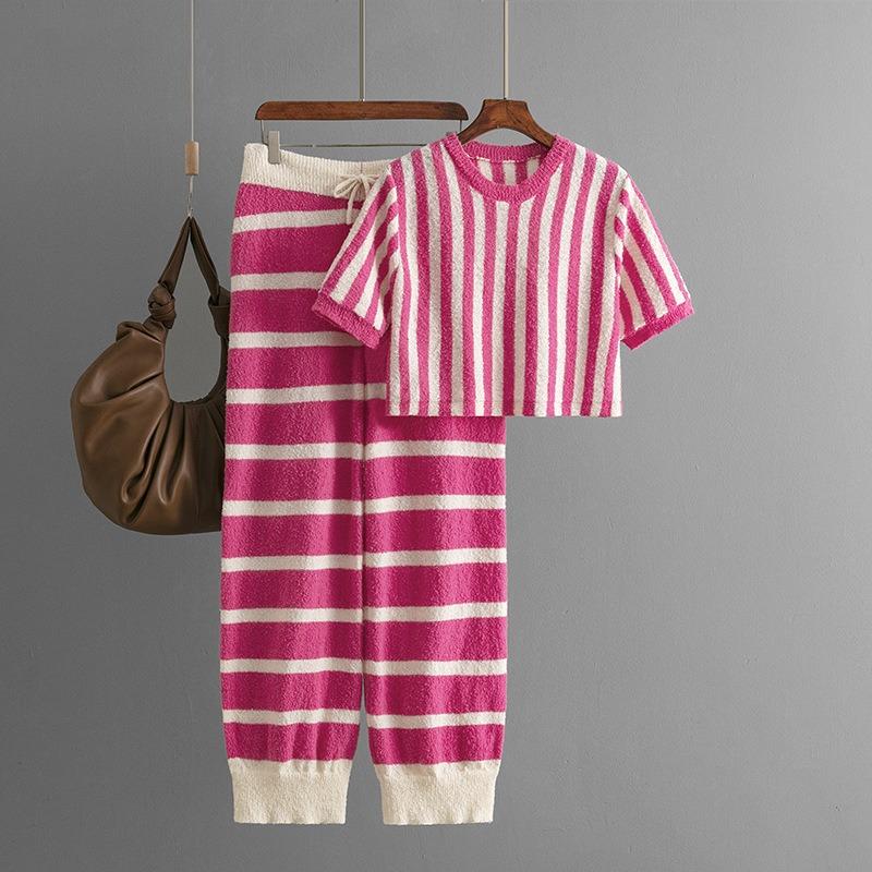 Summer new striped crew neck short top casual knitted sweater, suit women