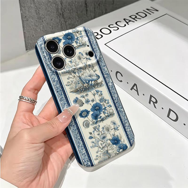 Classic Blue White Border Botanical Art Graphic Film Aesthetic Protective Shockproof Bumper Phone Case For iPhone 13 14 15 16 17 Pro Max Plus