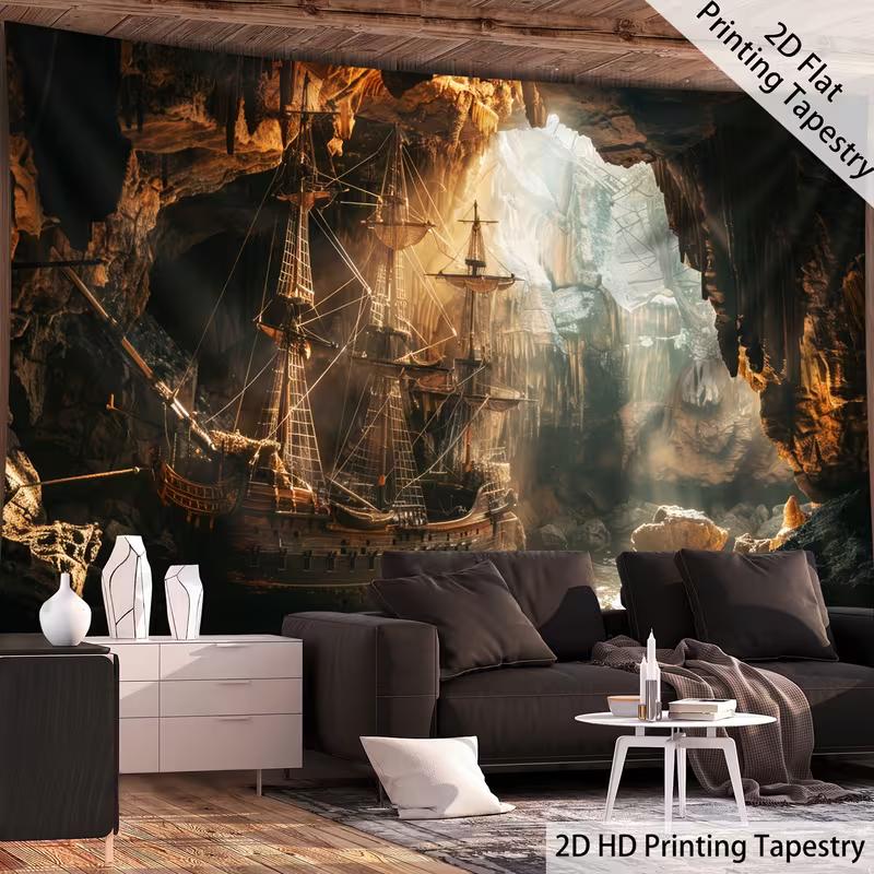 2D Flat Pirate Cave Backdrop - Retro Galleon Cave Party & Home Decor Background