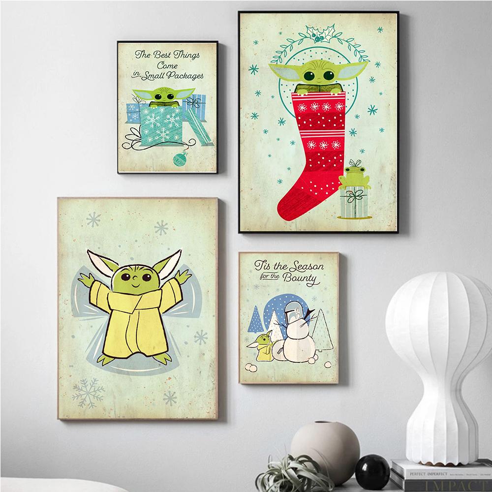 Disney Star Wars Christmas Cute Grogu Prints Poster Canvas Painting Modern Wall Art Pictures Living Room Bedroom Home Decoration